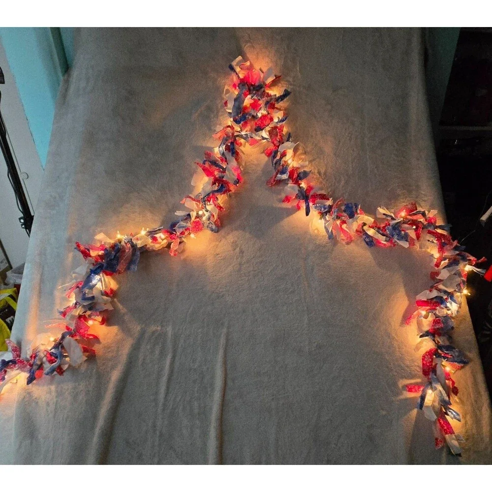 Americana Fabric Garland Rustic Rag Lighted Garland 12 ft Farmhouse 4th of July